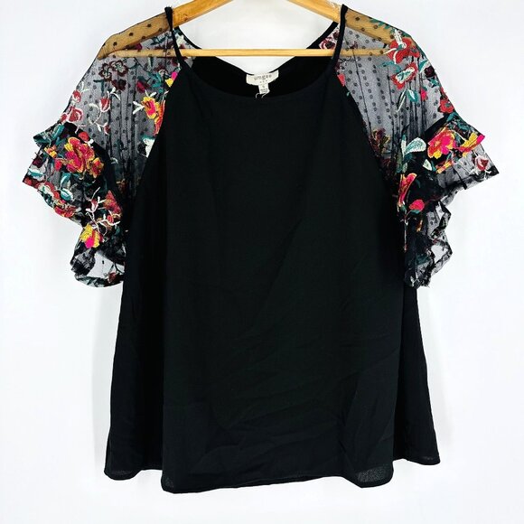 Umgee Black Floral Embroidered Tiered Ruffle Sleeve Boat Neck Top Blouse Size S - Picture 4 of 8